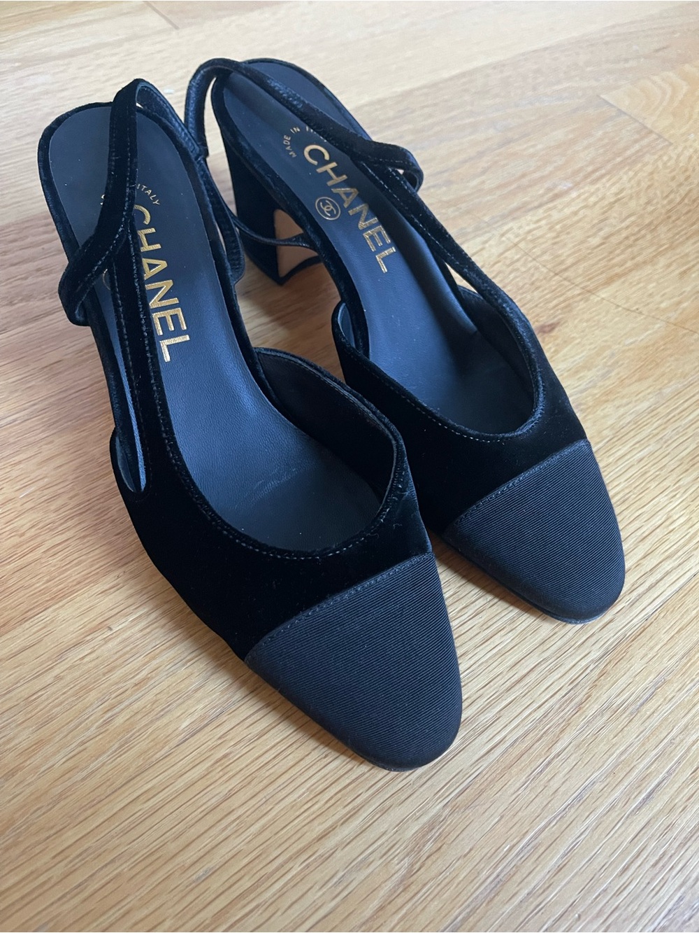 CHANEL Black Suede Mary Jane Block Heel Pumps with Strap